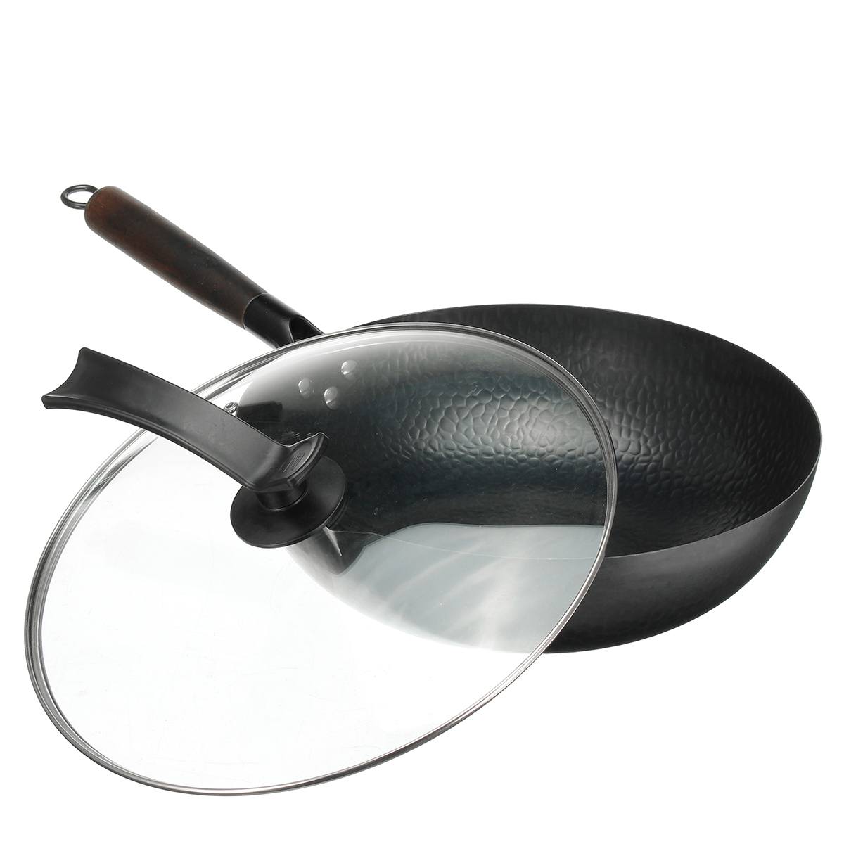 32Cm Handgemaakte Chinese Iron Koekenpan No-Coating Keuken Wok Koekenpan Non-stick Pan Glas/Hout deksel Kookgerei Keuken Koken Gereedschap: With Glass Lid