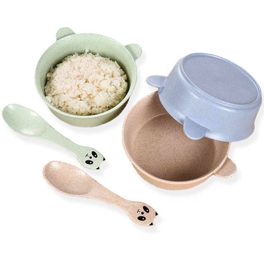 1pcs Baby Feeding Food Tableware Cartoon Panda Kids Dishes Baby Eating Dinnerware Set Wheat Stalk Anti Training Bowl Spoon