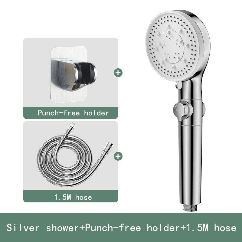 high pressure black shower head 5 functions with switch on/off button spray Water Saving Shower Adjustable Bath shower: Silver set 4