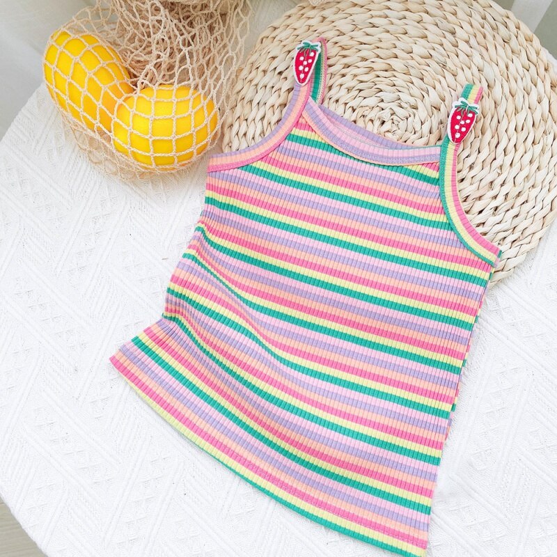 Bomull flickor t-shirt sommar regnbåge randig väst barn camisoles tecknade flickor toppar barn väst med änglavingar baby undershir: Rosa / 18m