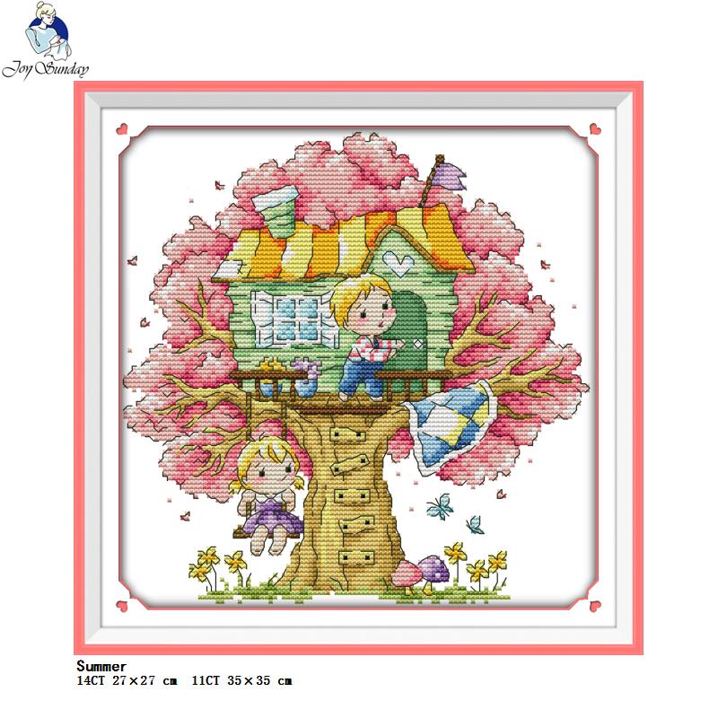 Cartoon Tree House Series Embroidery Counting Cross Stitch Kit 11CT 14CT Stamped Printing Needle and Thread Set Room Decoration: KB138 / 11CT Printed Cloth