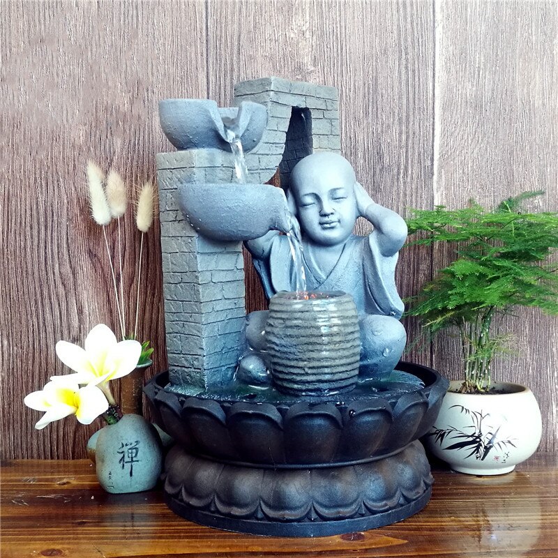 Handgjord zen harts buddha staty meditation munk rinnande vatten ljud vattenfall fontän peaeful skrivbords fontäner luft luftfuktare