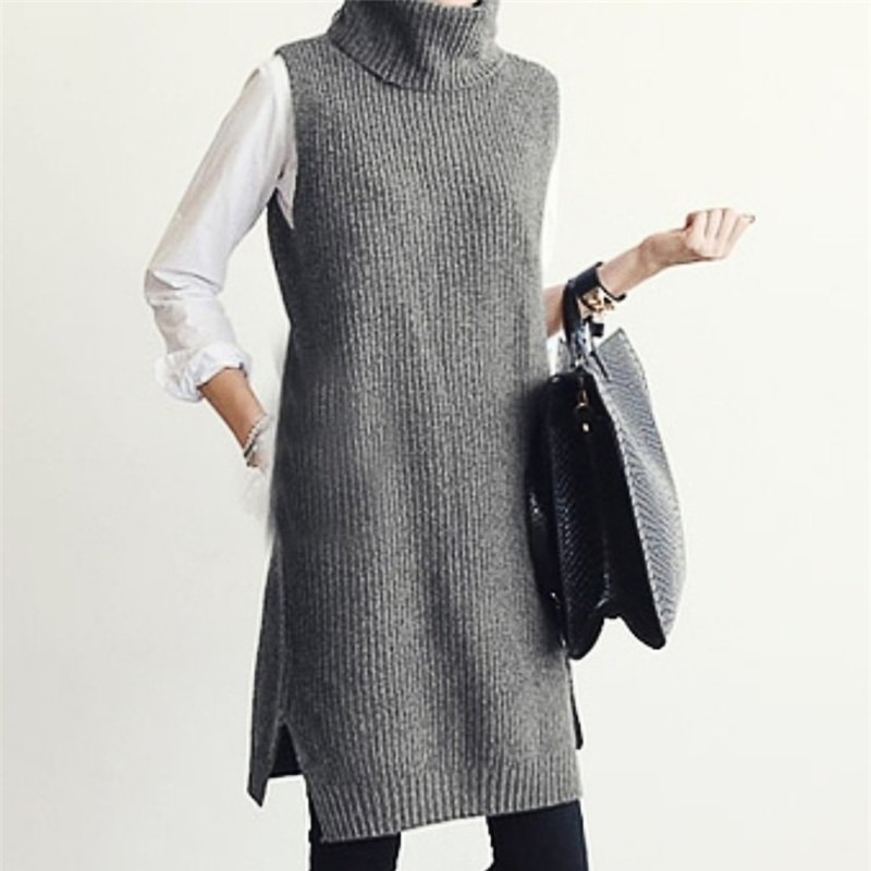 Frseucag høj cashmere højhalset strik ærmeløs vest lang alsidig frakke vest pullover til kvinder