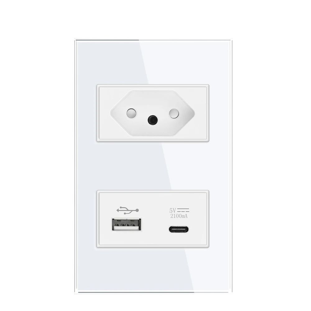 Brasilien 10a 20a Steckdose 2 Stifte See AC 118 mm * 72 mm gehärtete Glassteckdose mit USB und Typ-C, BR USB-Wandsteckdose: TYP 18 / 250 V