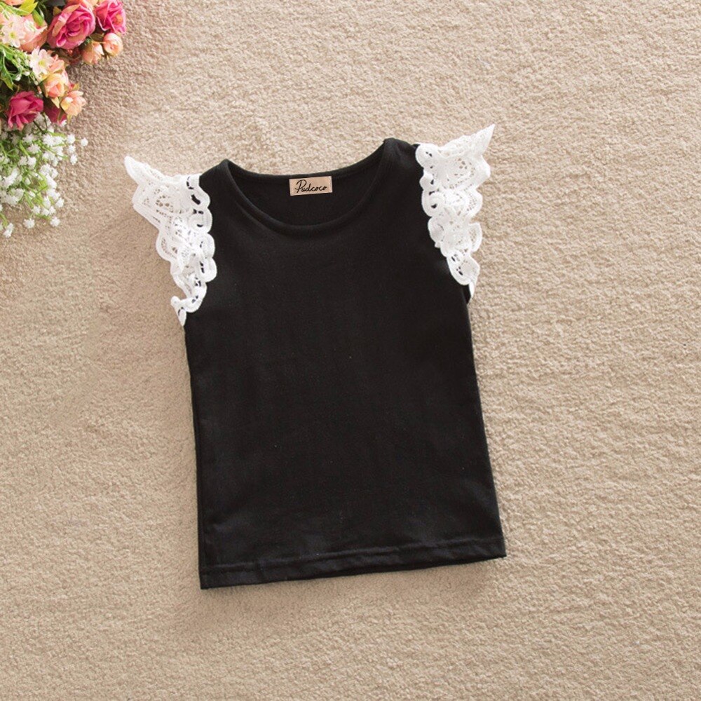 verano infantil niños algodón camiseta bebé niñas princesa sin mangas sólido cuello redondo encaje manga Tops
