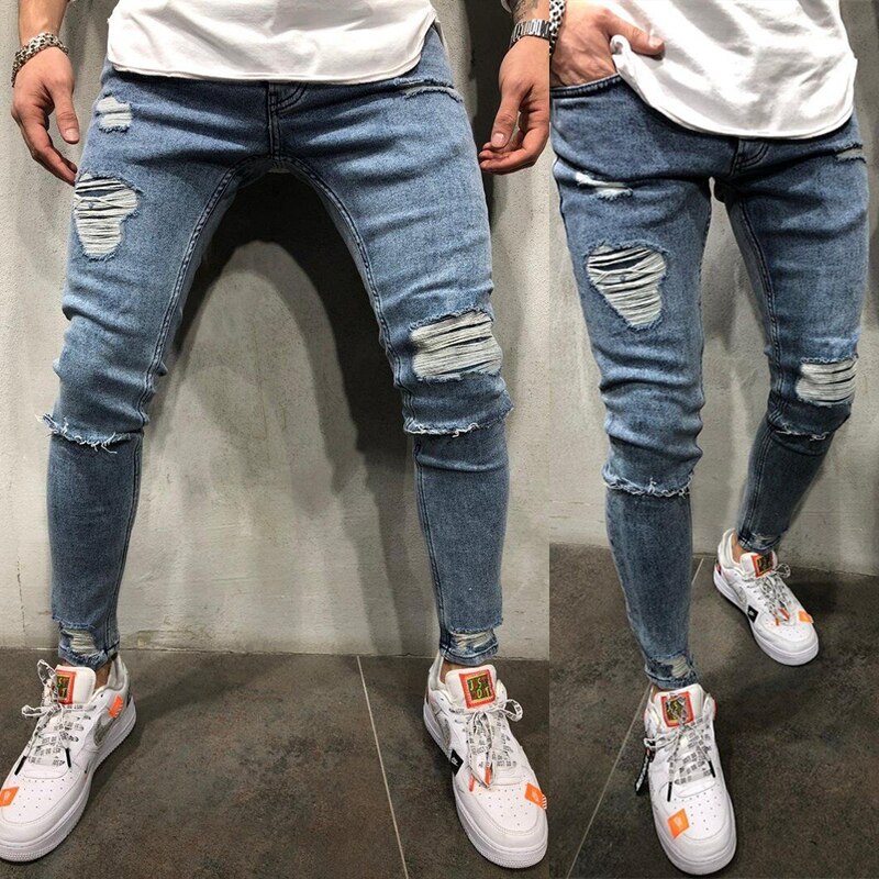 Light Blue Pencil Pants Jean Men Destroyed Streetwear Denim Trousers Skinny Ripped Hole Jeans Male Plus Size 3XL Europe Style