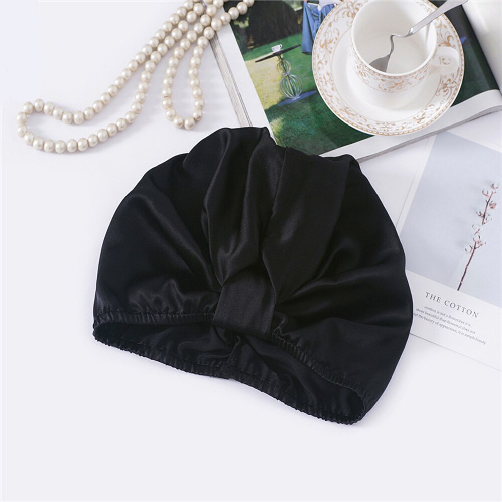 100% Mulberry Silk Sleeping Cap Night Silk Sleeping Bonnet Cover for Women with Elastic Ribbon for Hair Care Long Hair 19 Momme: black