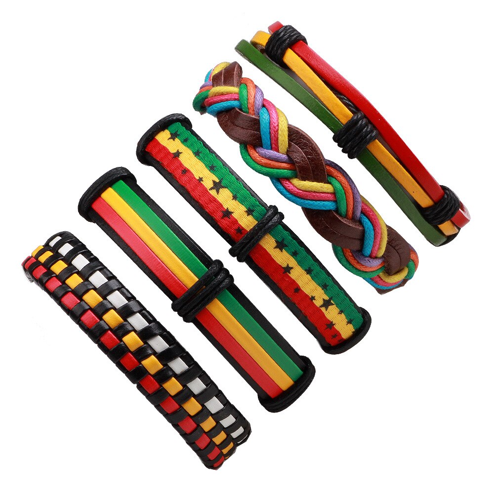 Multilayer Lederen Jamaica Armband Gevlochten Touw Wrap Boho Bangle Unisex Kleurrijke Verstelbare Hiphop Polsbandje Sieraden