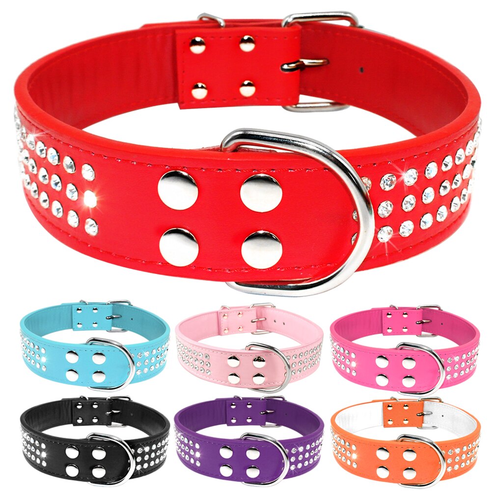 3 Rows Rhinestone Dog Collar Leather Dog Collars 1.5inch Wide For Medium Large Pet 5 Colors 2 Sizes