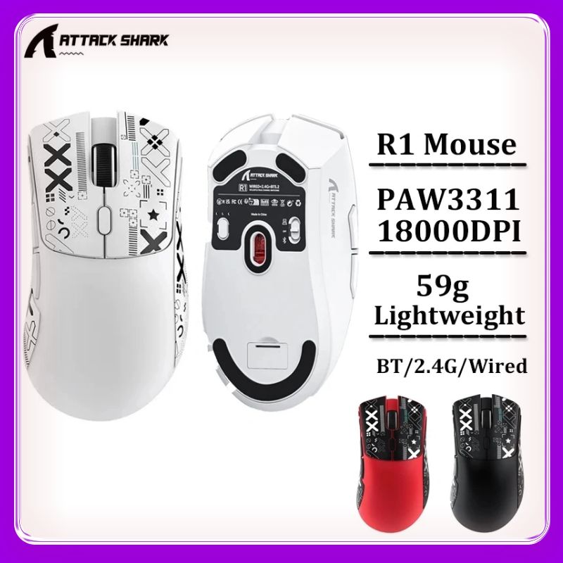 Attack Shark R1 2.4G USB Tri-modeWireless Gaming Mouse Conexão Bluetooth 18000DPI 1000Hz Macro Ratos Para PC