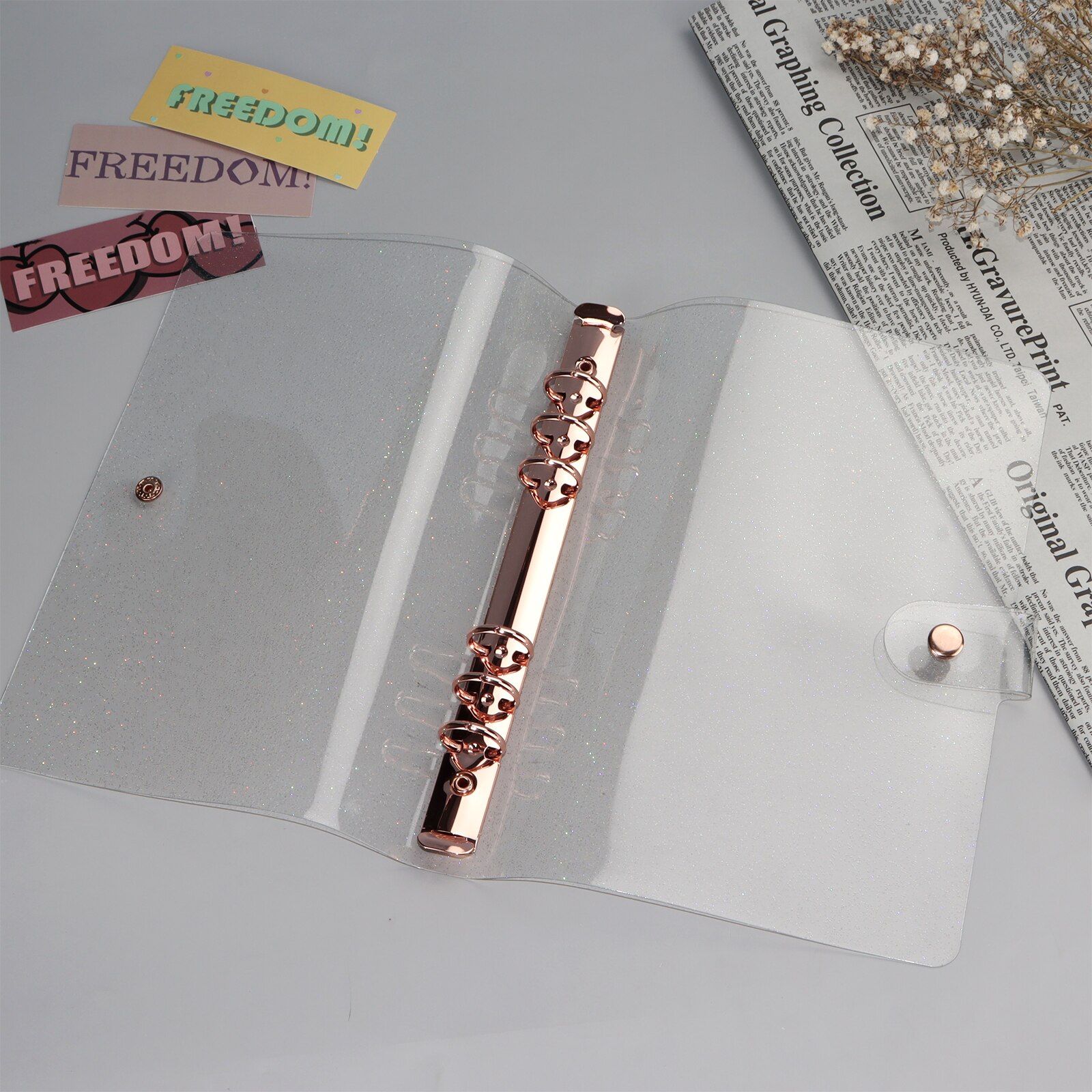 6 Ring A5 Clear Glitter Binder PVC Notebook A6 Binder Glitter Rose Gold A5 Clear Folder Binder