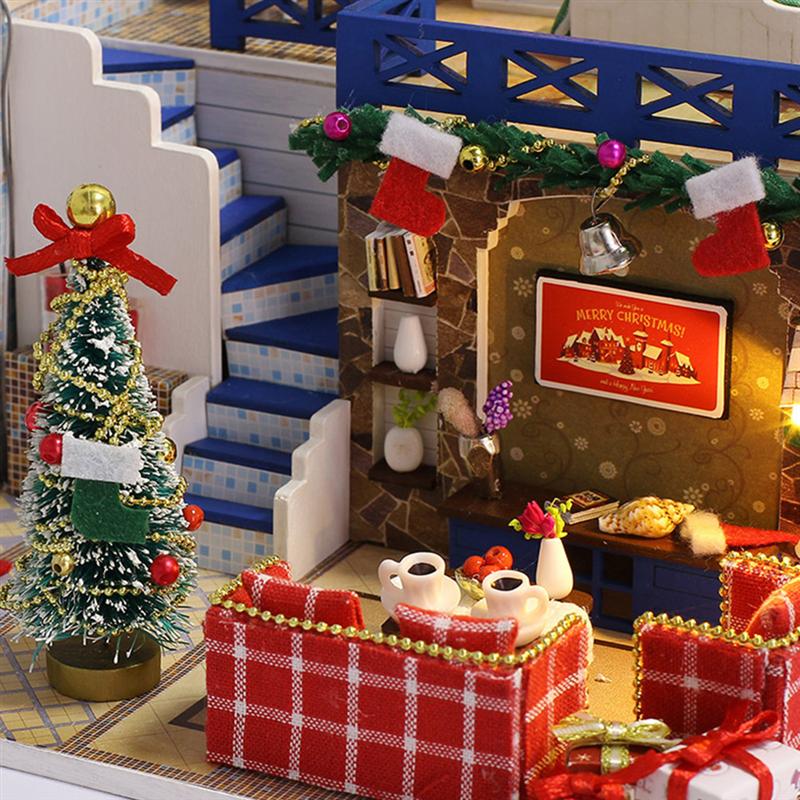 1 Set Christmas Mini House Miniature DIY House Kit Educational Handmade Assembly Model Room Furniture Without Battery