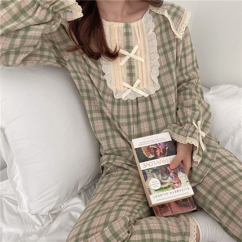 Lolita prinsesse pyjamas sæt kvinder løst blonder butterfly plaid hjemme jakkesæt langærmede top bukser 2 stk hjemmetøj pink grøn  y195