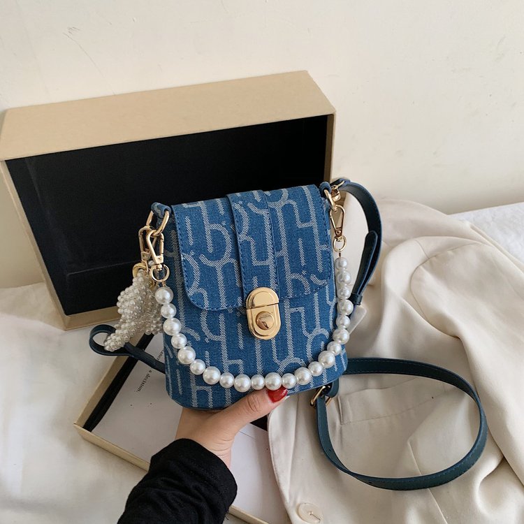 nueva perla de lujo de las mujeres con cadena de cuentas cubo vaquero bolso de hombro tipo bandolera femenina Mini bolso de