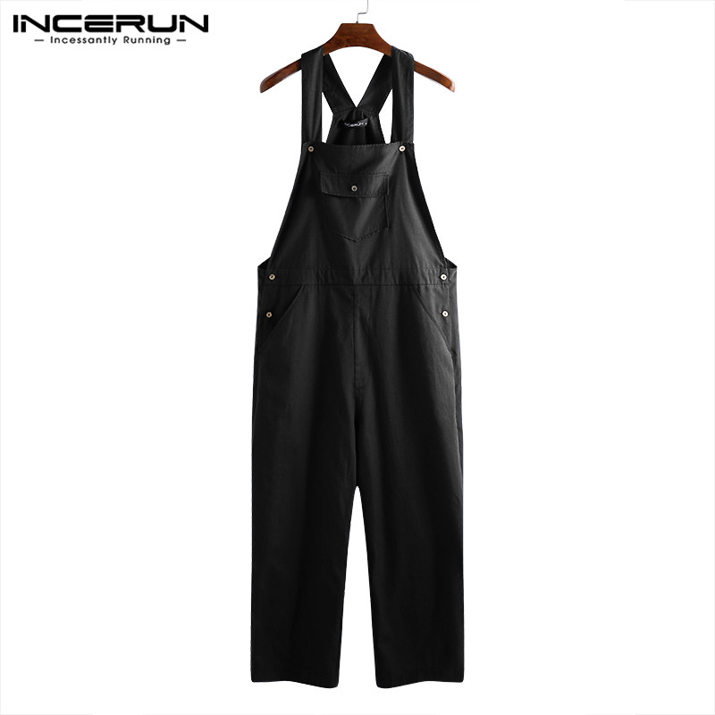 Men Jumpsuit Rompers Joggers Streetwear Solid Color Pants Pockets Loose Strap Suspenders Men Overalls Harajuku INCERUN 5XL: Black / 4XL