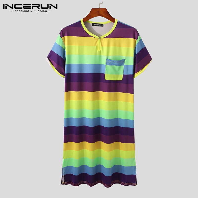 Incerun Mannen Gewaden Kleurrijke Gestreepte O Hals Korte Mouwen Homewear Cozy Leisure Nachtkleding Zomer Heren Badjassen Nachtjapon S-3XL