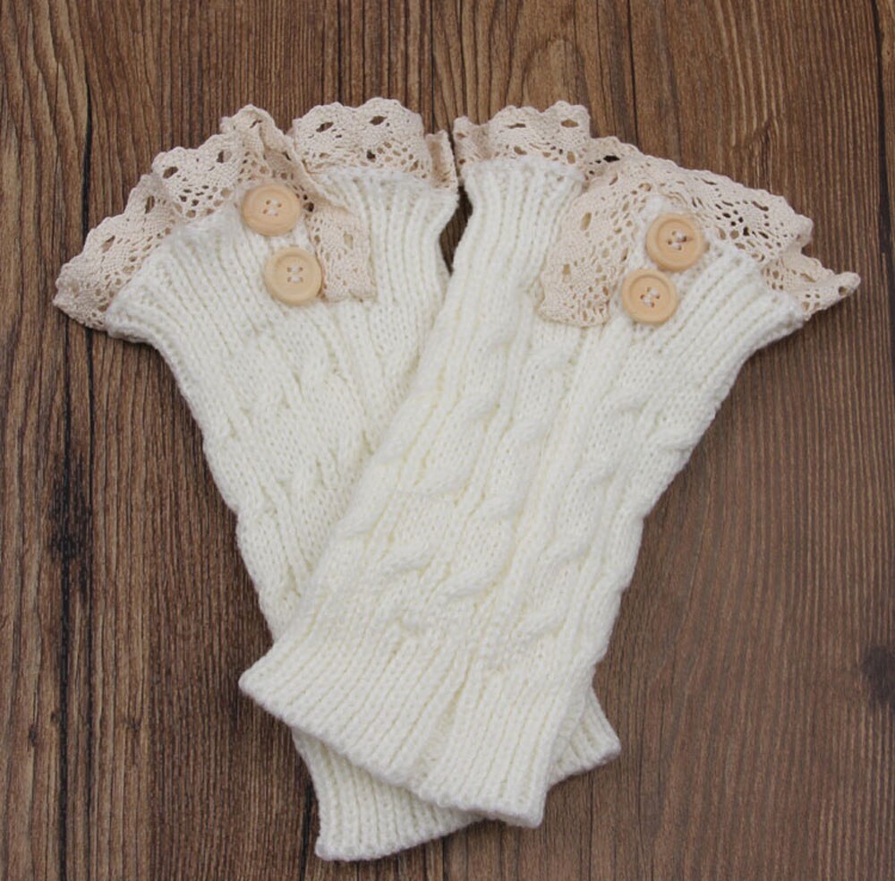 Double Button Cable Knitted Boot Cuff Short Leg Warmer Womens Boot Socks Knitted Lace Trim Boots Accessories: white