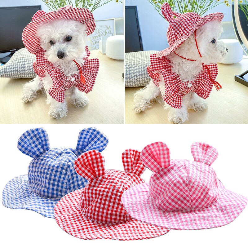 Dog Small Ear Hat Plaid Caps Shade Hat Pet Dog Cap Sun Protective Hat Summer Adjustable Cute Cap Pet Supplies