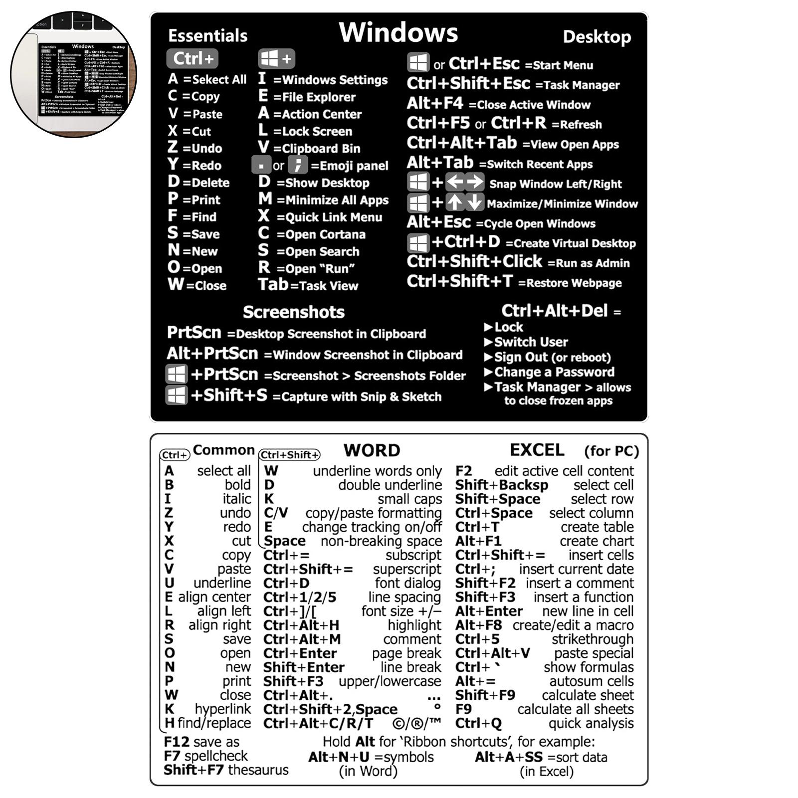 Autocollant de raccourci de clavier Hotkey pour PC Windows, adhésif de référence pour Apple MacPhotoshop Desktop pour Windows ou Word Excel