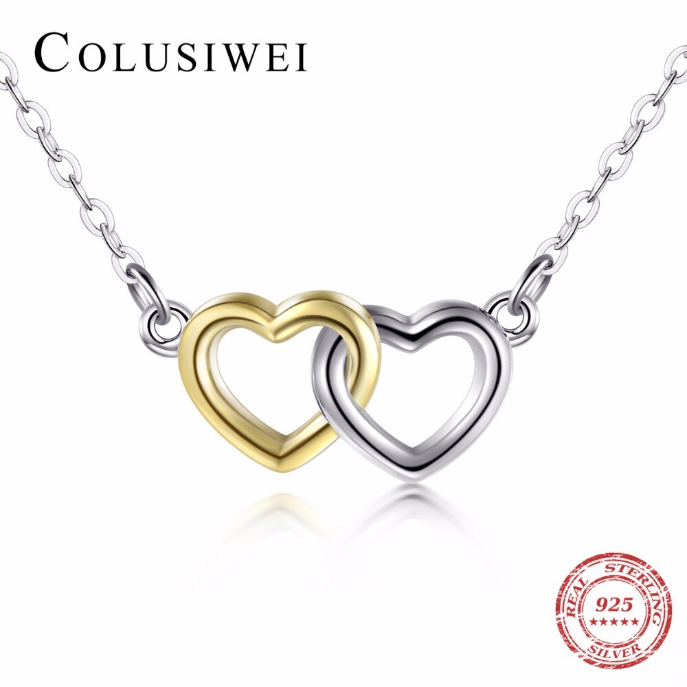 COLUSIWEI Genuine 100% 925 Solid Silver Ring & Stud Earrings Double Hearts Gold White Color Engagement Jewelry Set