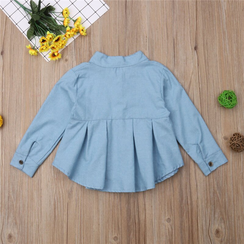 Stylish Girls Blouse Kids Autumn Solid Blue Long Sleeve Ruffles Button Denim Shirt Princess Children Girl Top 3-12T
