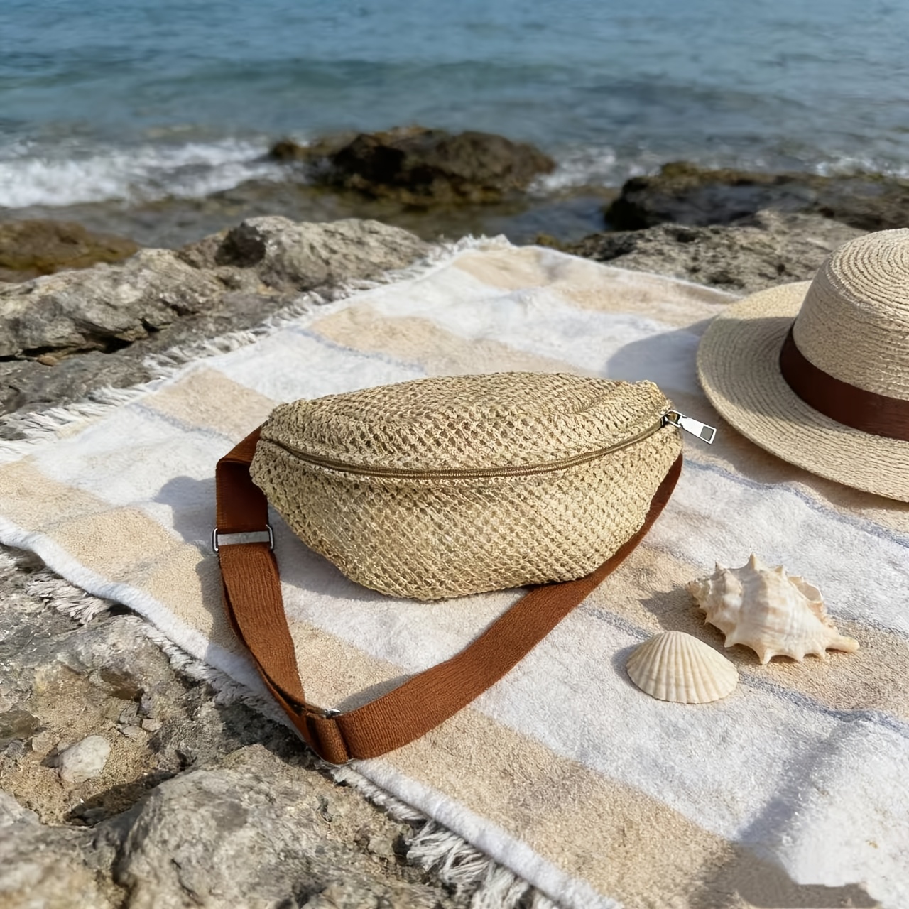Leichte gewebte Schlinge-Hüfttasche, lässige Sommer-Umhängetasche für Strand, Reisen, tägliche Ausflüge und