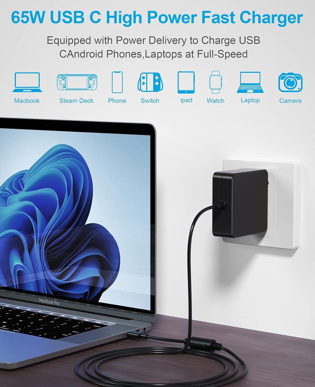 65W USB C Power Adapter, Type C Power PD Wall Fast Charger Compatible with Lenovo, Dell Latitude, Huawei Matebook, HP and Acer