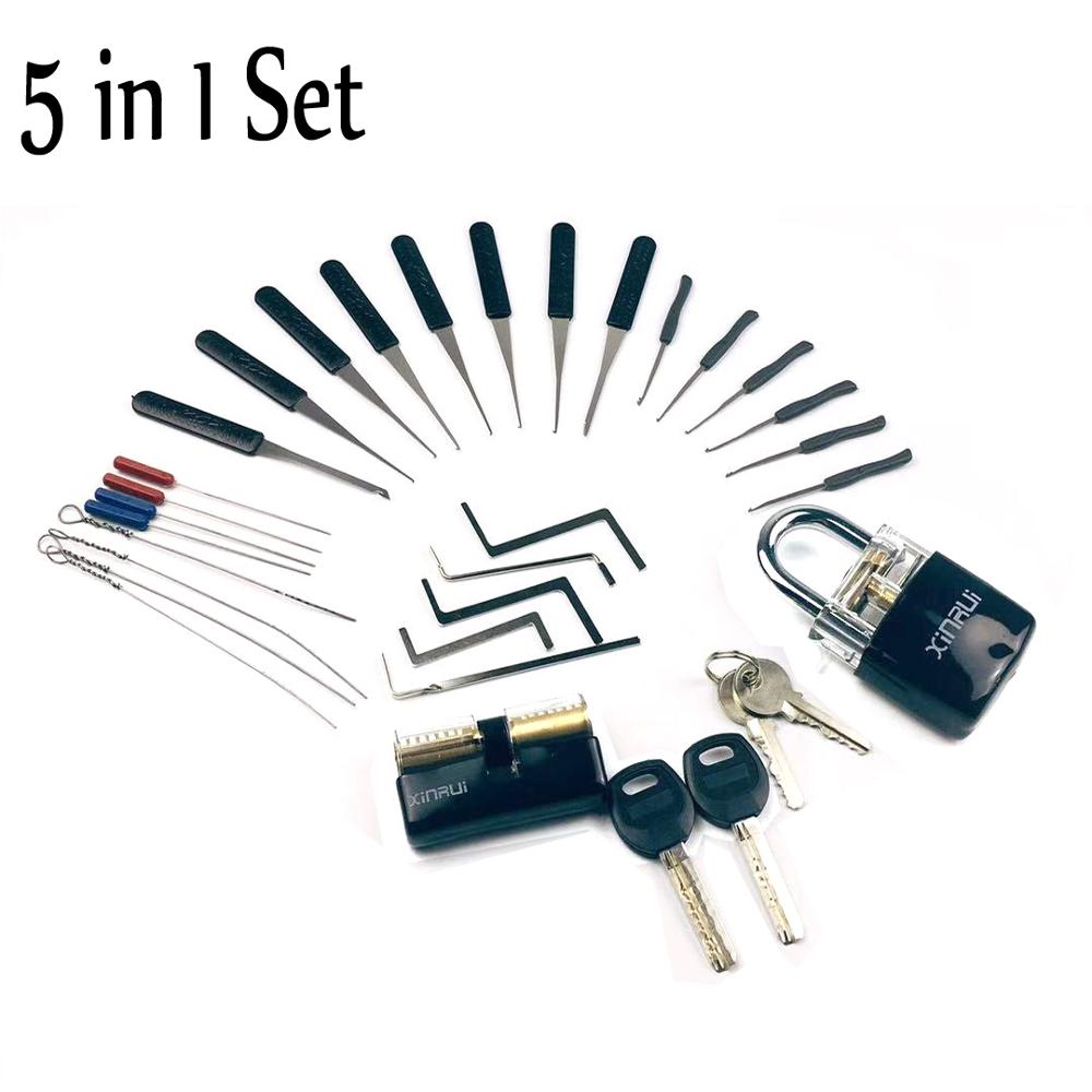 ! 2PCS Transparent Lock with 14pcs Broken Key Extractor Pick Set,2pcs Tension Wrench Tool Locksmith Kit