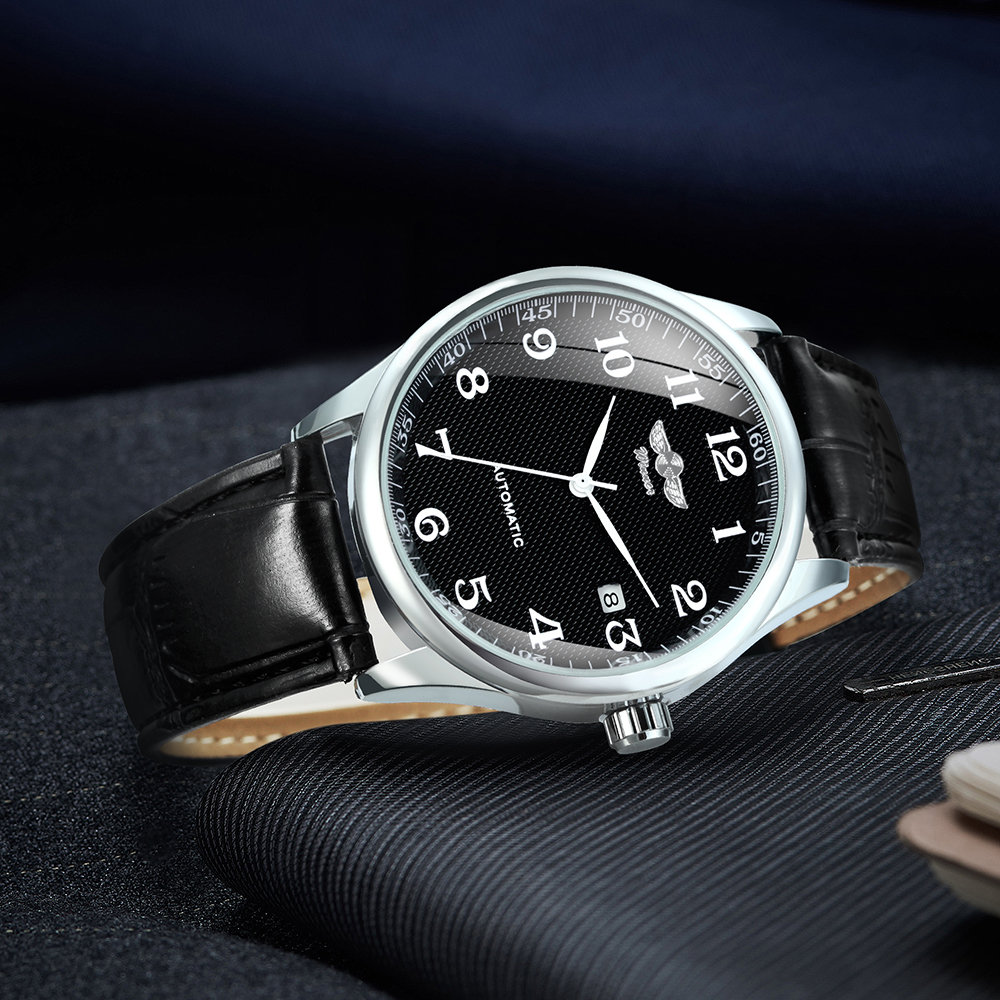 Winner Klassische Business-Armbanduhr für Herren, Retro-Kalender, blaue Zeiger, automatische mechanische Uhren, Top, Luxus-Stahl-Ledergürtel