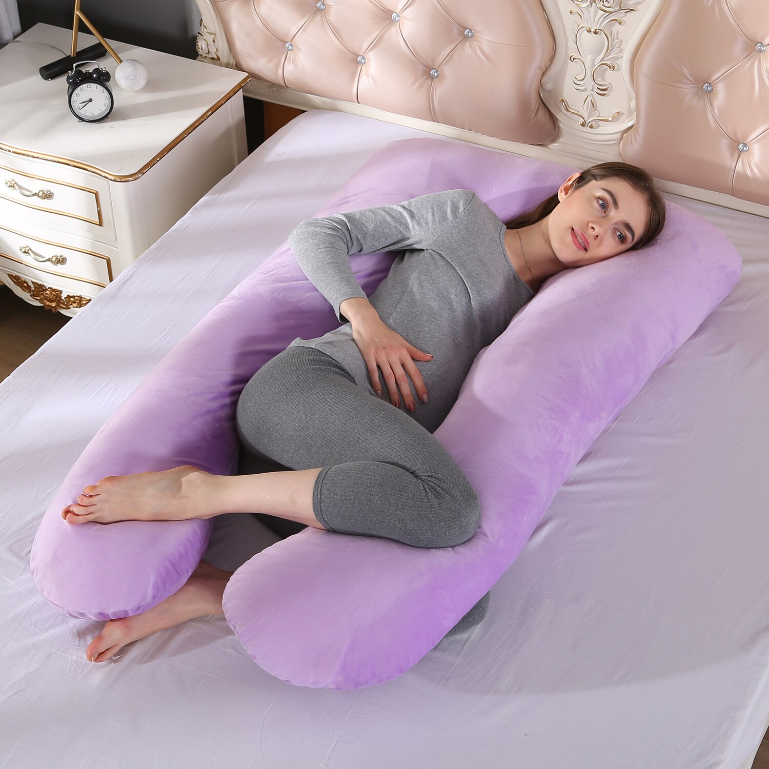 Housse De Coussin De Grossesse En Coton Forme U - Couleur Bleu Ciel, Fermeture éclair, Support Corporel Pour Femme Enceinte