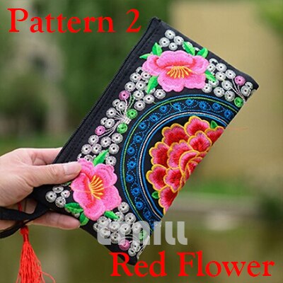 Small Embroidered Mobile Phone Wallet Lady Nation Style Boho Ethnic Embroidery Canvas Day Clutch Bag Embrague Bolsos de: Pattern 2 Red