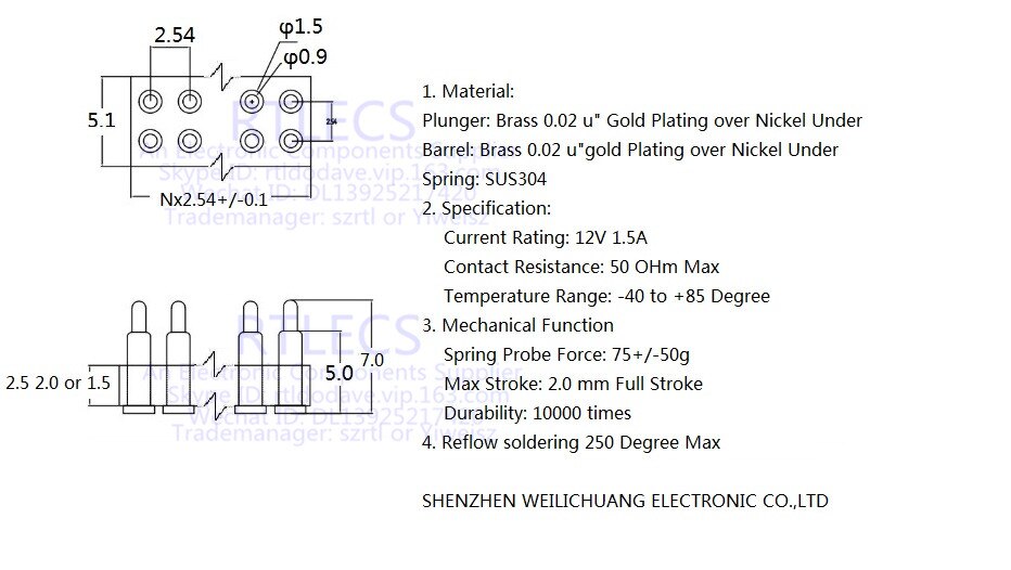 2.54mm Pitch Patch Spring Thimble Pogo Pin 2 3 4 5 6 7 Pin Height 7.0mm