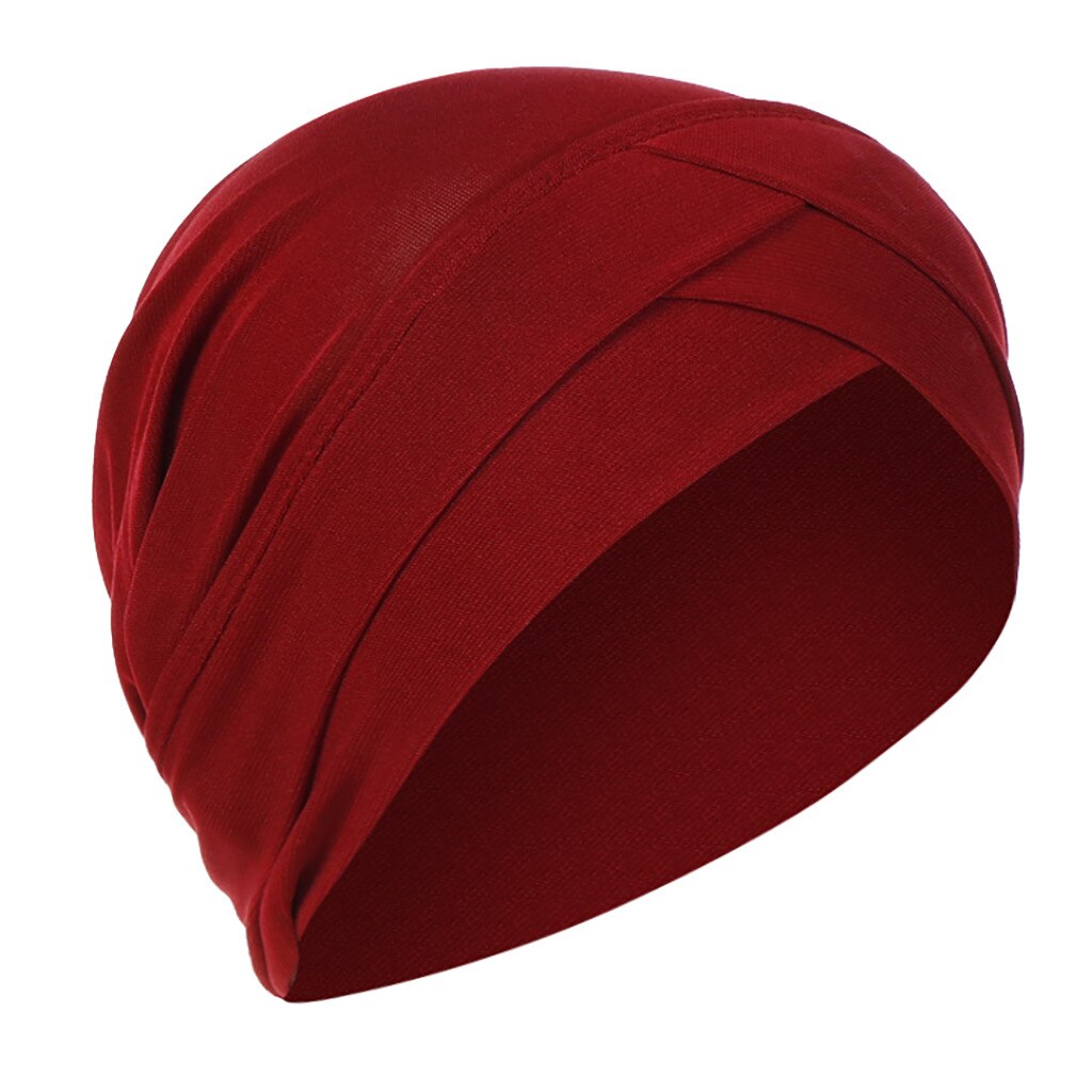 Women Solid India Hat Muslim Ruffle Cancer Chemo Beanie Turban Wrap Scarf Cap Ruffle Femme Scarf Cap Islamic Head Cover Hair: Wine 