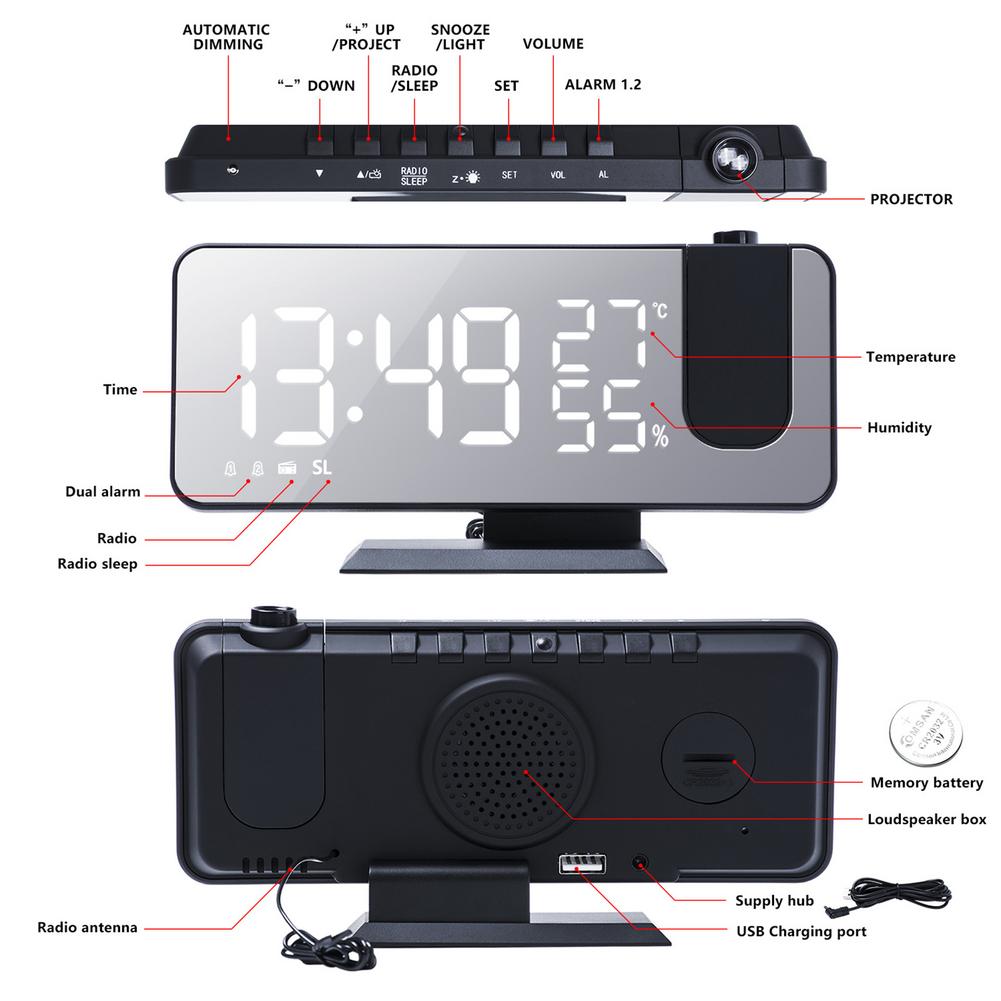 LED Digital Projection Alarm Clock Watch Table Electronic Desktop Clocks USB Wake Up FM Radio Time Ceiling Projector Function