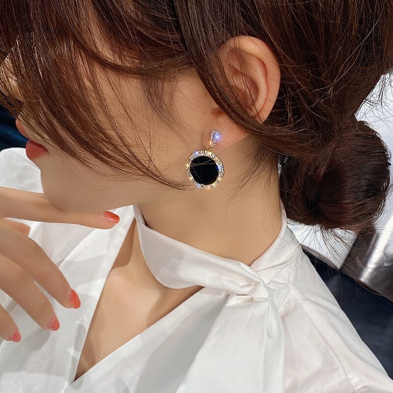 Lats Trend Strass Geometrische Oorbellen Voor Vrouwen Koreaanse Mode Zwarte Kleur Dangle Earring Vrouwelijke Elegante Sieraden