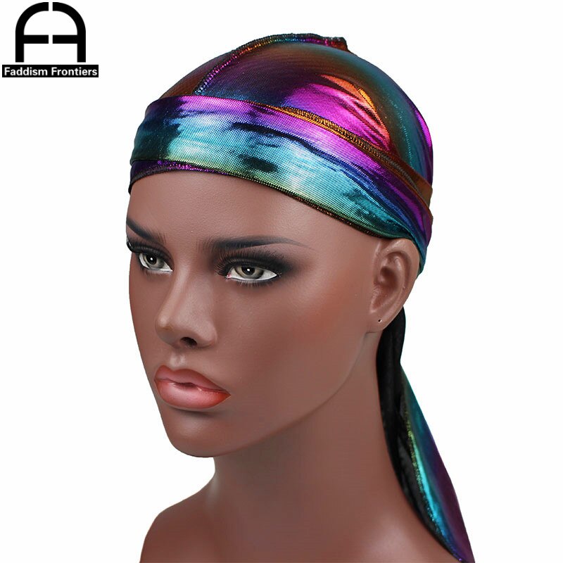 Menns fargerike glitrende durags turban bandanas menn skinnende silkeaktig durag hodeplagg hodebånd hårdeksel tilbehør bølgekapper kluter lue