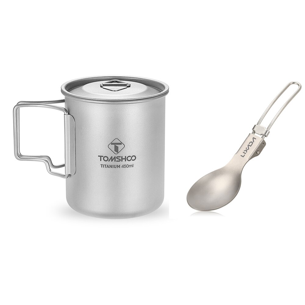 Tomshoo 450Ml Titanium Cup Water Cup Mok Met Deksel Opvouwbare Handvat Titanium Vouwen Lepel Spork Outdoor Draagbare Camping Picknick: Cup and  Spoon