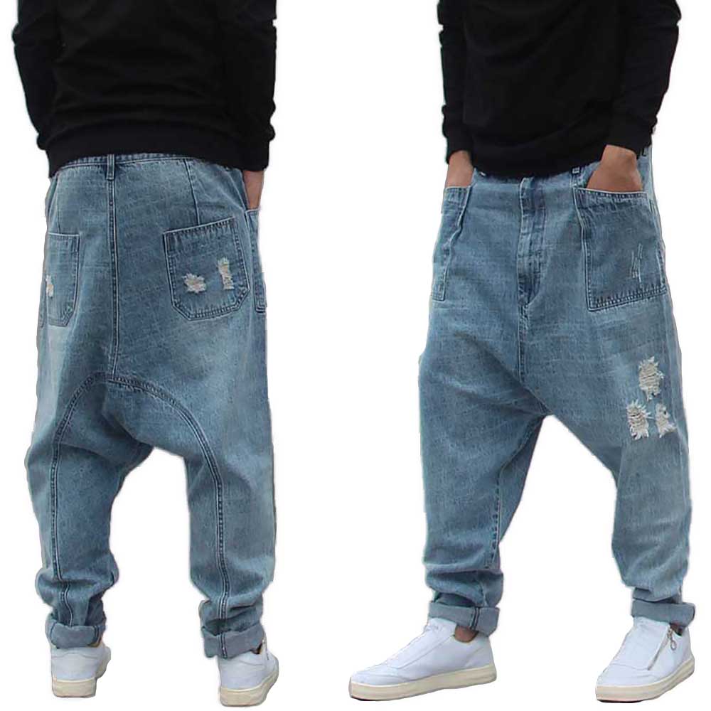 Distressed streetwear rippede harem jeans mænd afslappet løs baggy bukser hofte hofte dropcrotch denim bukser mandlige tøj stor størrelse