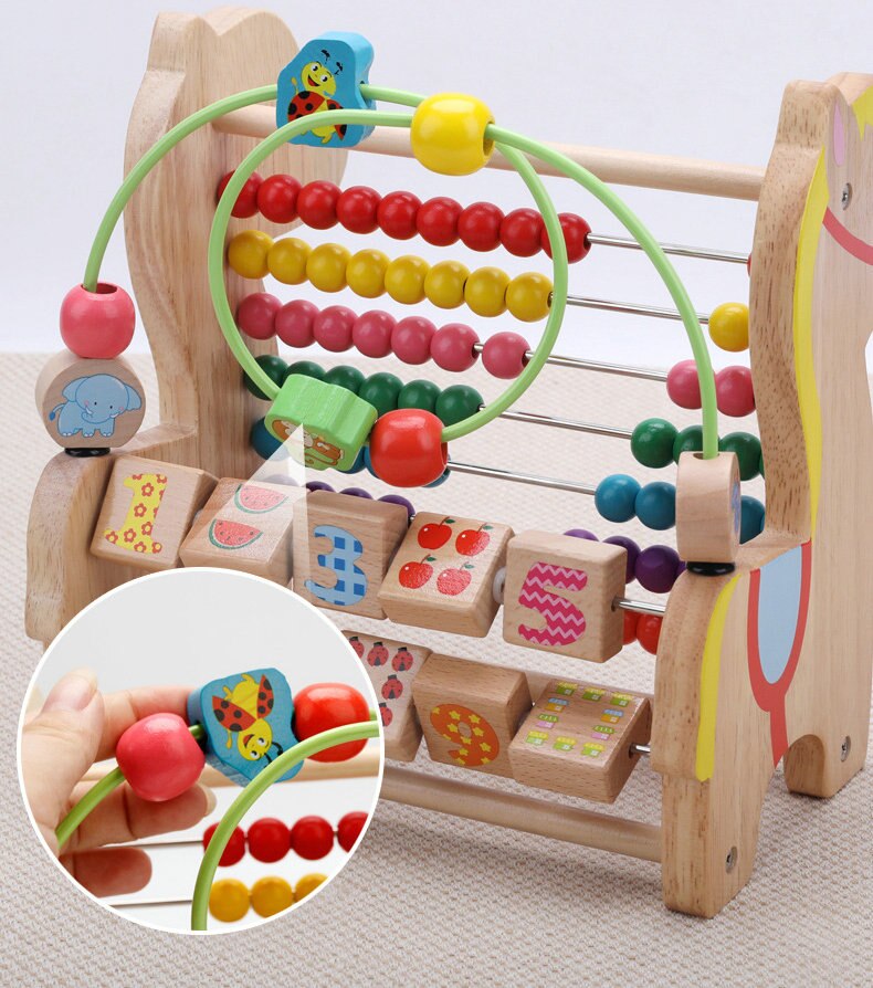 Cartoon Wood Horse Computing Frame Early Training Educational Toys Trojan Horse Round Bead Calculation One Piece Baby Block