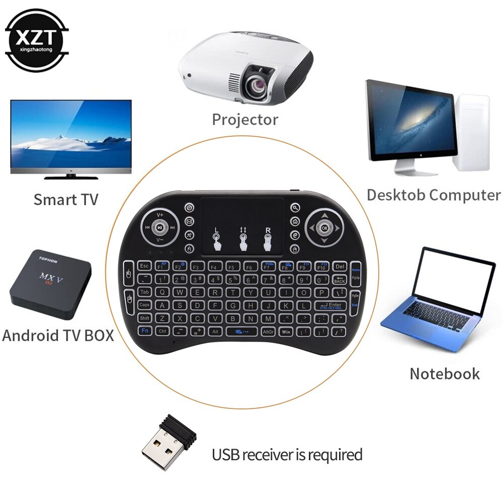 Miniteclado I8 retroiluminado, 2,4G, con Control remoto, inglés, ruso, Air Mouse, inalámbrico, para ordenador portátil, TV BOX, Touchpad, USB