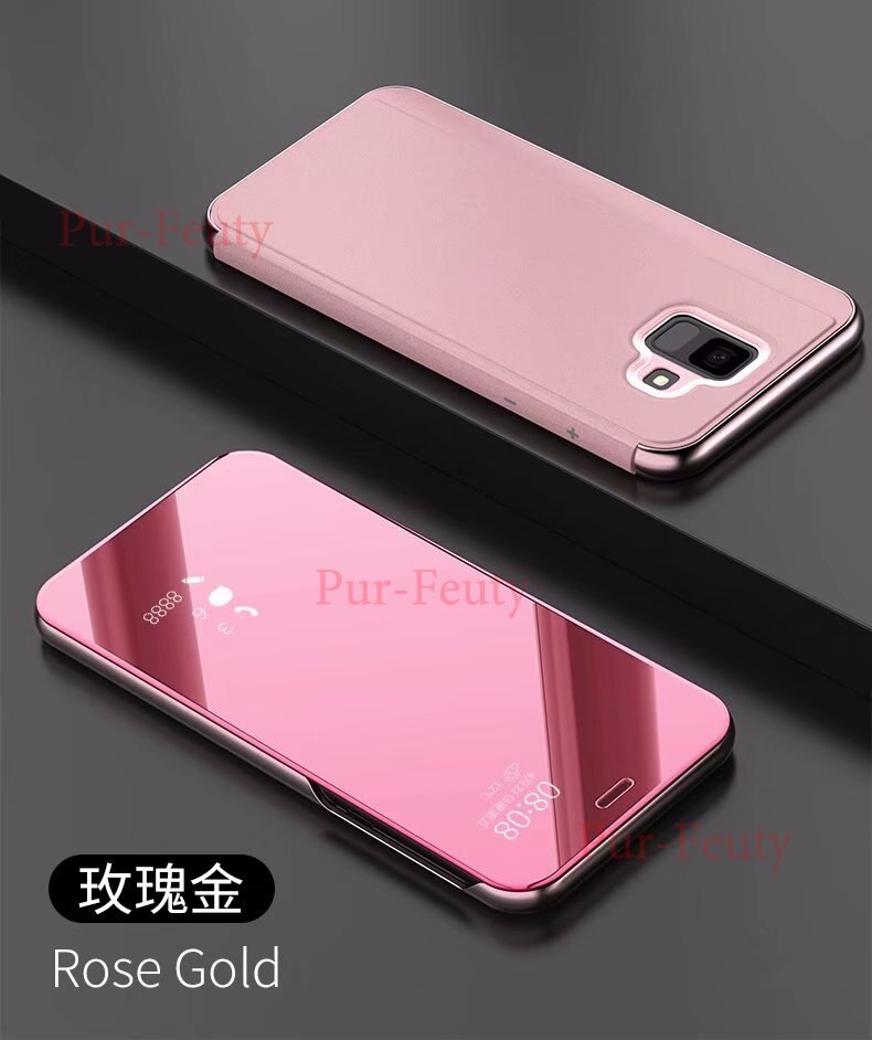 Flip etui til samsung galaxy  j6 sm j600 j600fn j600fn/ ds sm -j600f sm -j600f/ ds sm -j600fn klart speil pu skinndeksel: Rose gull