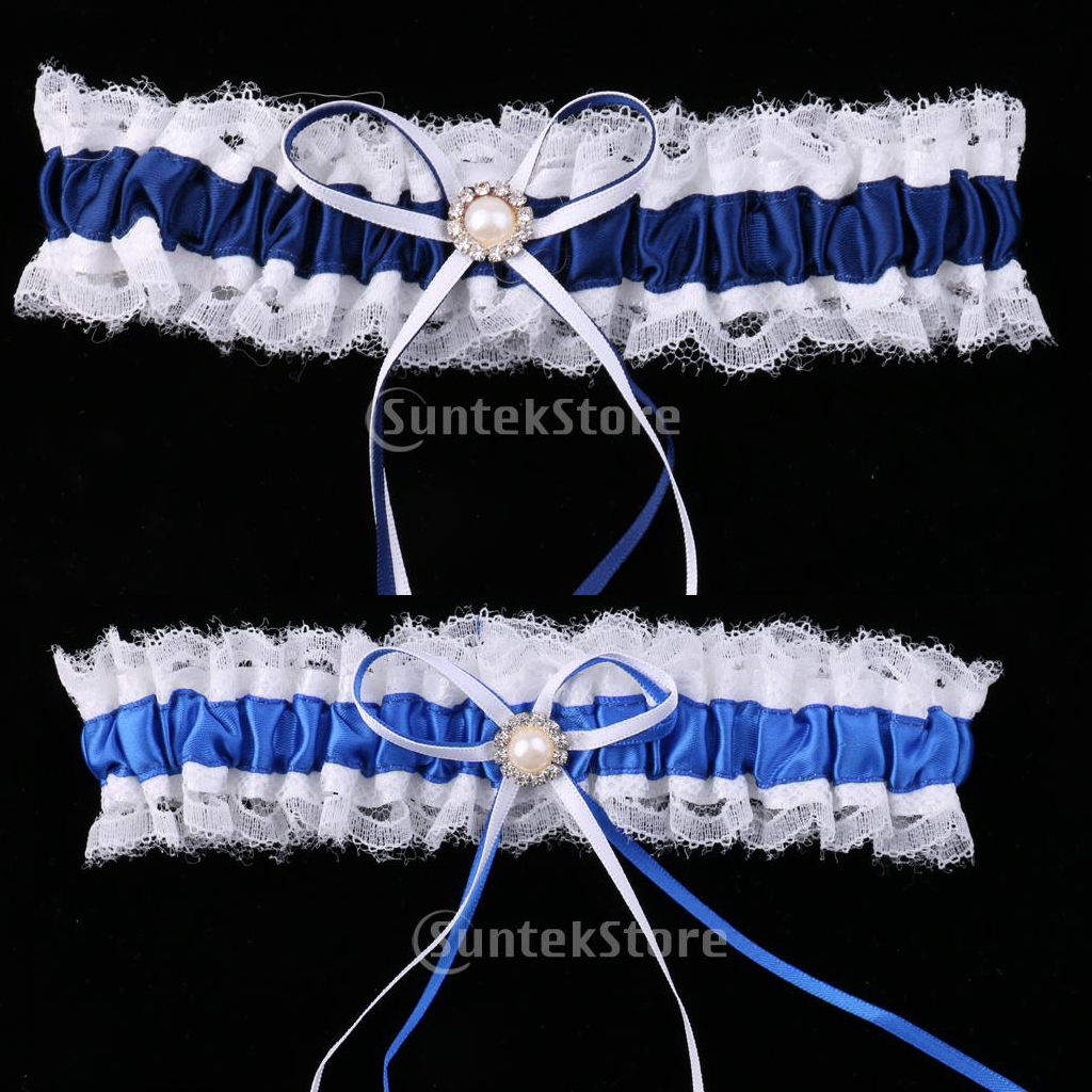 Women's Blue &amp; White Lace Garter Wedding Bridal Garter with Satin Bow