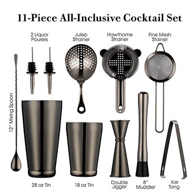 11pcs Cocktails Shakere Bar Set Cocktail Boston Shaker Barware Kit Weighted Shaker Tins Strainer Muddler Ice Tond Jigger Muddler: Black
