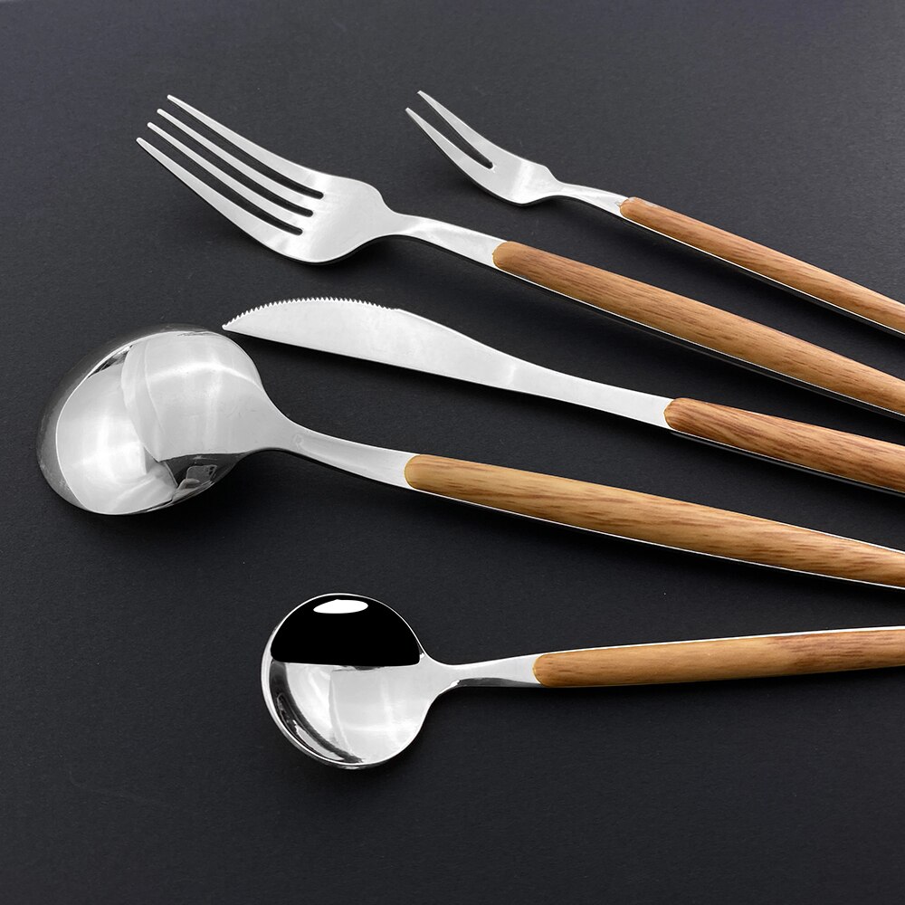Western Silver 1/5Pcs Dinnerware Set Wood Handle Stainless Steel Dinner Home Knife Fork Spoon Fish Fork Flatware Cutlery Sets