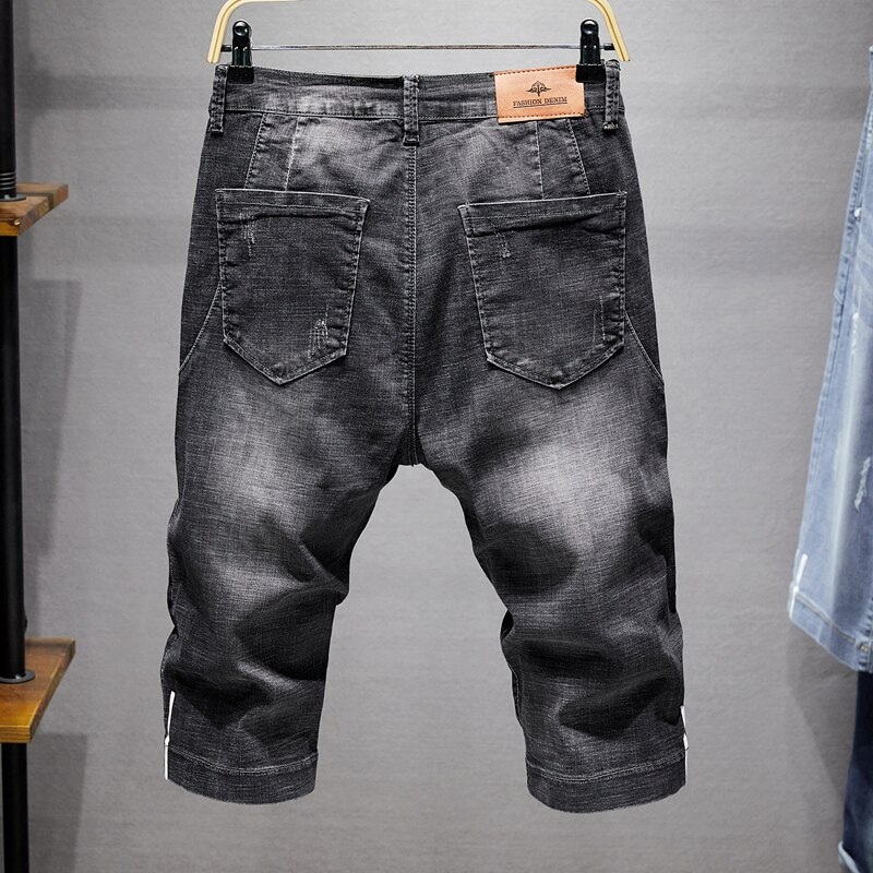 Herr slitna korta blå jeans kläder bermuda sommar bomullsshorts andas denim kalvlånga byxor man ,830
