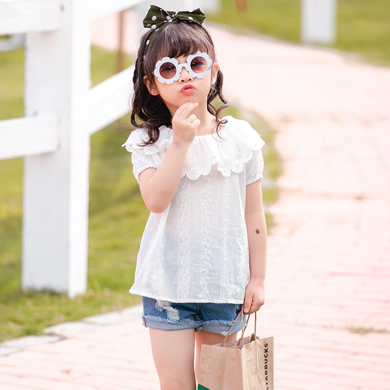 ropa de verano para niños Nueva camisa de cuello para niños blusa blanca de encaje para niñas de manga corta