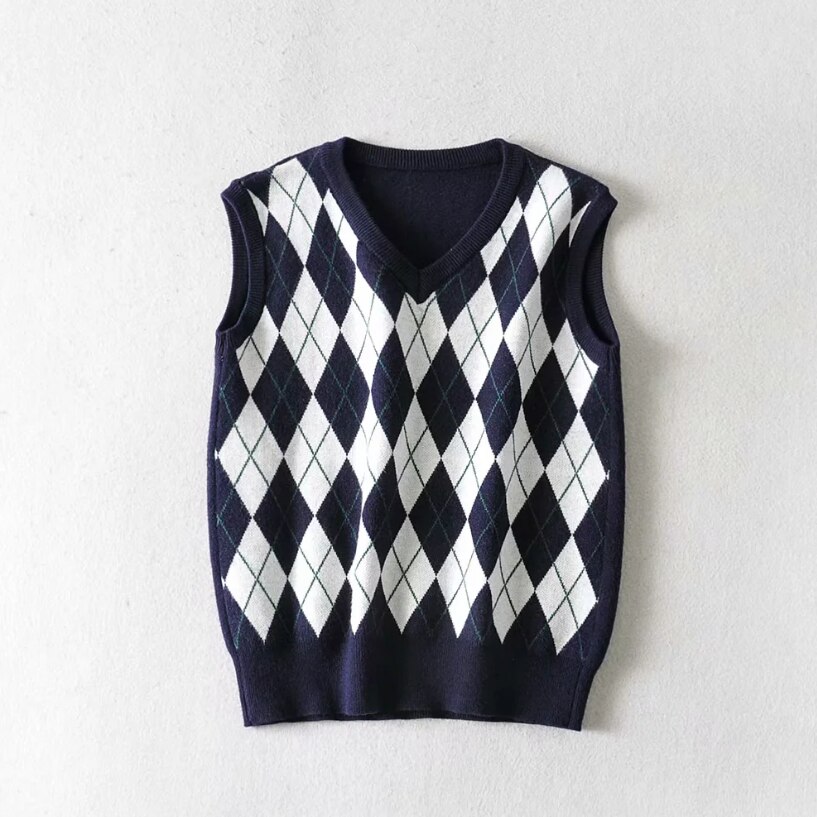 Efterårsstrikket tanktop kvinder vintage argyle sweater vest kvinder strik vest top cropped sweater veste plaid koreansk vest v-hals: Marineblå sweater