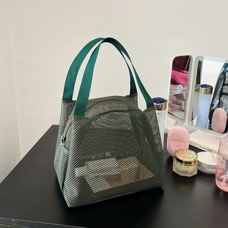Makeup Bag Large Capacity Zip Mesh Bags with Handl Travel Lunch Bag Portable Storage Bags Travel Beach Swimming Wash: Brown