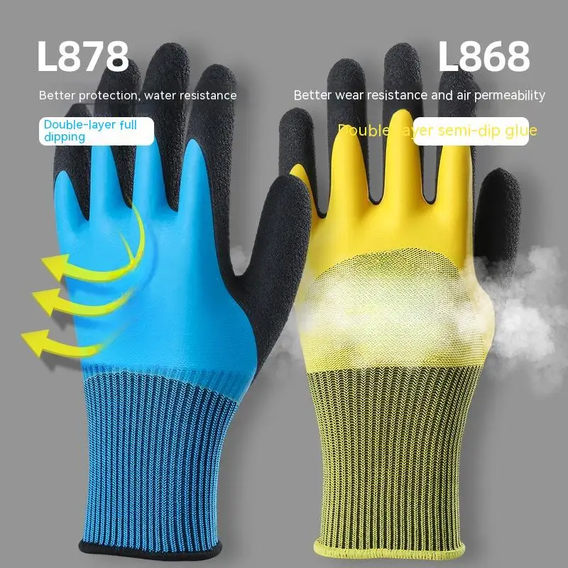 6 pares de guantes de trabajo impermeables de seguridad, guantes de trabajo para hombre y mujer, guantes de nailon con doble recubrimiento, cómodos guantes de espuma de látex