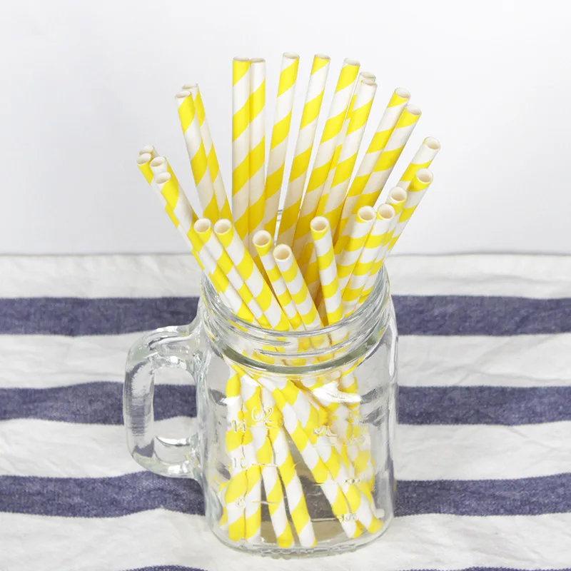 200 Biodegradable Paper Straws Assorted Rainbow Colors Striped Drinking Straws for Juice birthdays partys: Yellow